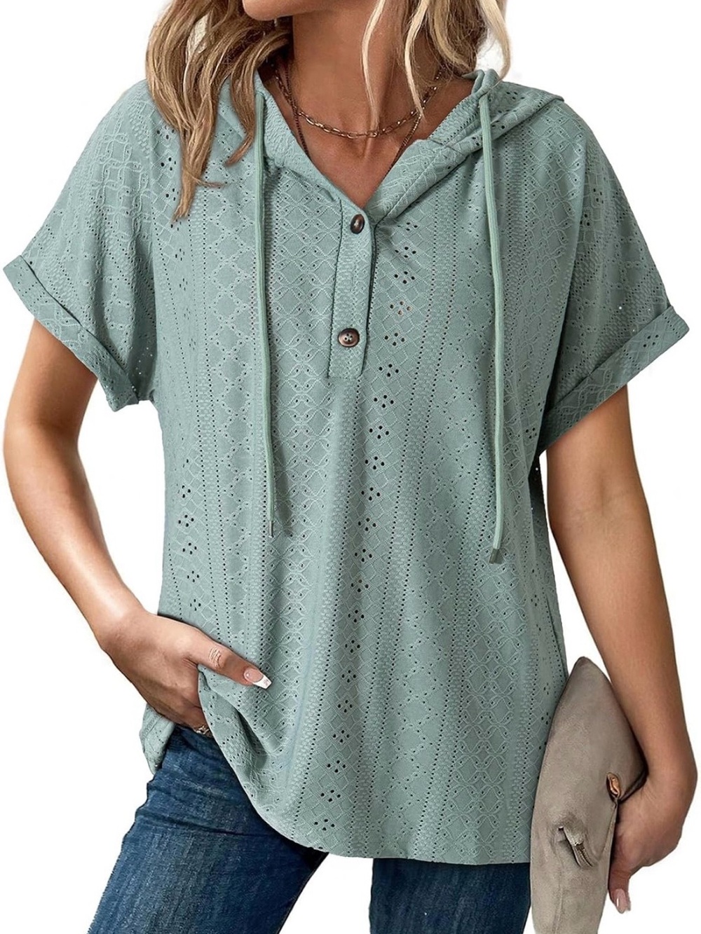 Dokotoo Women's Eyelet Hooded Pullover Top - Sage Green(L)